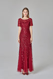 Elegant Mermaid Burgundy Tulle Prom Dresses Round Neck Long Evening Dresses STK15176