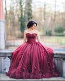 A-line Charming Long Puffy Burgundy Strapless Sleeveless Tulle Appliques Prom Dresses