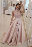 2024 High Neck Prom Dresses A Line Satin Appliques With Beads P6Z84SRF