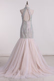 2024 Prom Dresses High Neck Open Back Mermaid Tulle With Beading PSZ8GF2H