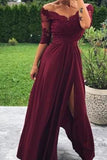 Modest Off the Shoulder Burgundy Bridesmaid Dresses with Slit, Prom STK20427