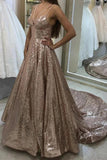 Puffy Sleeveless Sequined Court Train Prom Dress, Sparkly Sequin Evening Dresses STK15312