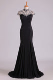 2024 New High Neck Sheath Prom Dresses Spandex With Beading & PGXTKMA7