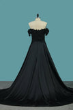 2024 Off The Shoulder Stretch Satin Prom Dresses A Line With Applique PPZKQ4F7