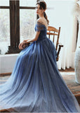 Charming A Line Blue Ombre Tulle Prom Dresses with Open Back, Evening STK20394