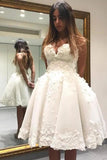 A Line V Neck Ivory Appliques Beads Homecoming Dresses Short Wedding Dresses STK15041