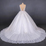 Princess Ball Gown Sheer Neck White Wedding Dresses Lace Appliqued Bridal Dresses SRS15293