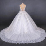 Princess Ball Gown Sheer Neck White Wedding Dresses Lace Appliqued Bridal Dresses STK15293