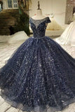 2024 Prom Dress Ball Gown Bateau Cap Sleeves Dark Navy Lace P1B27EEP