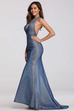 Sexy V Neck Halter Blue Backless Prom Dresses, Cheap Long Party Dresses STK15365