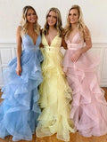 A Line Yellow Multi-layered Polka Dot Organza Prom Dresses Long Sweet 16 STK20388