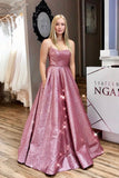 Unique A line Pink Sequins Spaghetti Straps Prom Dresses, Evening STK15678