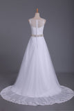 2024 A Line Scoop Tulle Wedding Dresses With Applique And PKFEKMPS