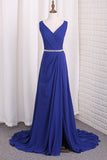 2024 V Neck Bridesmaid Dresses A Line Chiffon With Beads PJLD86QR