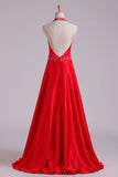 2024 Open Back A Line Halter Satin Prom Dresses With Beading Floor PB2TNXE7