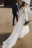 Charming A Line Long Sleeves V Neck Lace Ivory Beach Wedding Dresses, Bridal STK15623