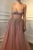 2024 A-Line Sleeveless Spaghetti Straps Floor-Length Rhinestone Tulle Dresses PR7TN56E