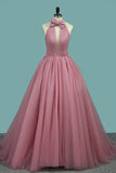 2024 New Arrival Black High Neck A-Line Prom Gown Sweep Train PH1YL3KB