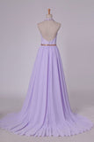 2024 Prom Dresses A Line Halter Chiffon & Lace With Beading Sweep Train Open PMRQ9JFP