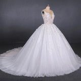 Princess Ball Gown Sheer Neck White Wedding Dresses Lace Appliqued Bridal Dresses STK15293