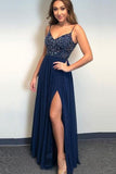 A Line Spaghetti Straps V Neck Chiffon Royal Blue Prom Dresses with Slit Beads Formal Dress STK15032