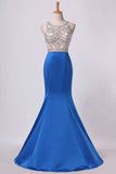 2024 Two-Tone Bateau Mermaid Prom Dresses Beaded Bodice Satin And Tulle PZN8KSFL