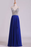 2024 V Neck Beaded Bodice A Line Prom Dresses Chiffon With Slit PT7XKLYJ