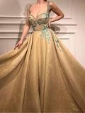 A Line Spaghetti Straps Sweetheart Gold Rhinestone Sparkly Appliques Prom Dresses