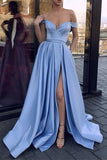 Cheap Simple A Line Blue V Neck Off the Shoulder Satin Long High Slit Prom Dresses