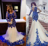 Mermaid Royal Blue Scoop Appliques Tulle Prom Dresses Long Evening STK20464