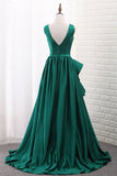 2024 V Neck A Line Satin Prom Dresses With Slit Sweep Train