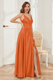 A-line V-neck Soft Satin Long Bridesmaid Dress with Pockets