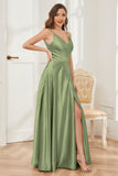 A-line V-neck Soft Satin Long Bridesmaid Dress with Pockets