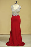 2024 Red V Neck Beaded Bodice Open Back Prom Dresses Column Spandex Sweep Train P8375TNR