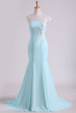 2024 Mermaid Prom Dresses High Neck Chiffon With Applique And Beads Sweep PRYFK2G5