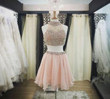 Two Pieces Halter Cute Mini Blush Pink Sexy Short Homecoming Dresses