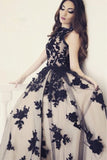 New Arrival A-Line Round Neck Black Lace Long Prom Dress