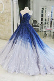 Ombre Ball Gown Royal Blue Prom Dresses With Appliques, Long V Neck Quinceanera Dresses STK15275