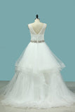 2024 Wedding Dresses V-Neck Tulle With Beaded Belt PQPZ865Z