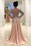 2024 V Neck Long Sleeves Prom Dresses A Line Chiffon With Beads PEEBARRD