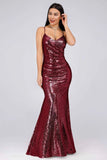 Sexy Spaghetti Straps Burgundy Sequins V Neck Party Dresses Mermaid Prom Dresses STK15358