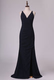 2024 Dark Navy Spaghetti Straps Sheath Chiffon With Beading Evening PYHRLM6C