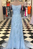 Mermaid Spaghetti Straps Light Blue Prom Dress with Appliques, Evening Dresses STK15266