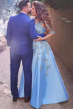 2024 Prom Dresses Sheath Scoop Mid-Length Sleeves Satin With Applique Floor Length