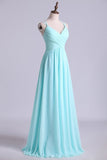 2024 Prom Dress Spaghetti Straps Chiffon A Line Ruffled Bodice With Criss Crossed P62FBXZ2