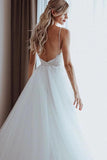 Elegant Tulle Spaghetti Straps V Neck Beaded Appliqued A-line Wedding Dresses STK15208