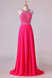 2024 Halter Prom Dresses Beaded Bodice Open Back A Line Chiffon & Tulle Sweep P6E45E5T