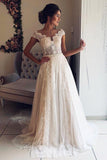 A Line Cap Sleeve Lace V Neck Chiffon Ivory Beads Wedding Dresses, Wedding Gowns STK14996