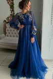 Charming A Line Long Sleeve Tulle Appliques Prom Dresses, Long Evening STK20456