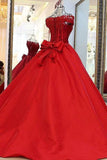 2024 Red Prom Dresses A-Line Off-The-Shoulder Satin With Beading PB5PQJYB